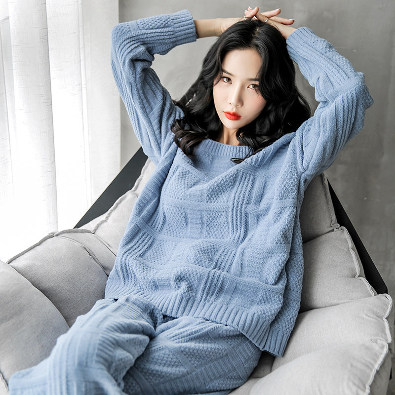 New Soft Cotton Sleeping Dress Lady Autumn Winter Pure Color Mesh Red hair Line knitted Home Knitted Furniture Thickened and Soft Two sets