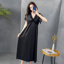 Sleeping Dress Womens Summer New Black Ice Silk Sexy Lace Lace Long slim Pure Desire Wind Pyjamas home clothes