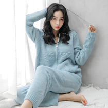 New pajamas womens winter soft cotton solid color zipper hooded two-piece set thick warm home clothes can be worn outside