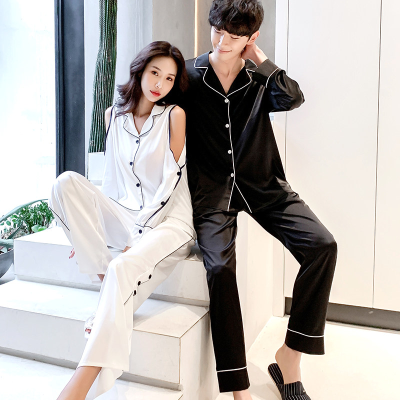 Pajamas women's 2022 new spring and autumn high density and high honey with the same style couple pajamas ice silk home service two-piece suit Nordic