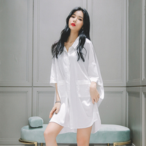 Nightdress Women summer 2021 new pajamas women Summer White sexy shirt dress solid color double pocket Ice Silk Home clothing tide