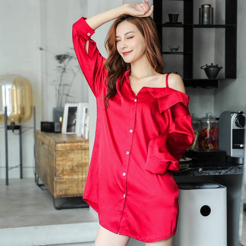 2022 new pajamas women's thin ice silk sexy suspenders nightdress pure white shirt tops home clothes can be worn outside