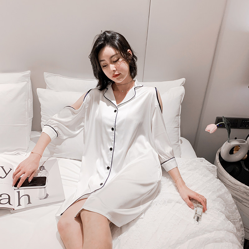 2022 new nightdress women's spring and autumn long version high density the same ice silk pajamas summer sexy very fairy home clothes