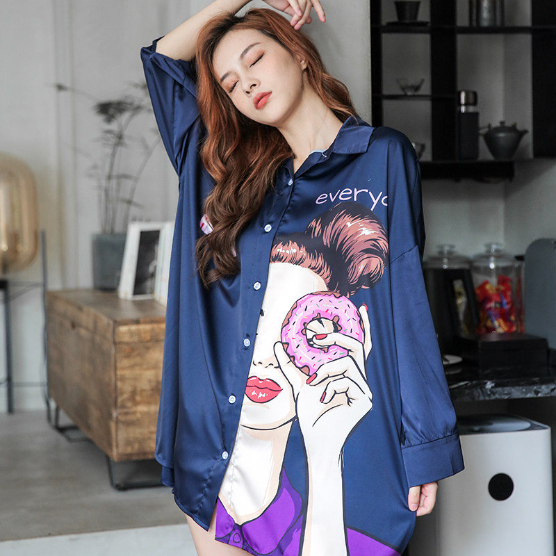 2022 new nightdress spring and autumn women's ice silk pajamas sexy thin section large size medium and long version cartoon Hong Kong style shirt top