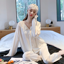 Pajamas female 2021 New Ice Silk white long sleeve lace lace Sweet Home suit set Net red explosion