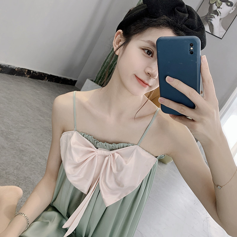 Nightdress women's 2022 new high-end suspenders summer thin section ice silk sexy bow net red hot style pajamas