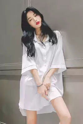 2021 New Pajamas Women Spring Summer White Simple Half sleeve Shirt Dress Rose Print Ice Silk Home Clothes Tide