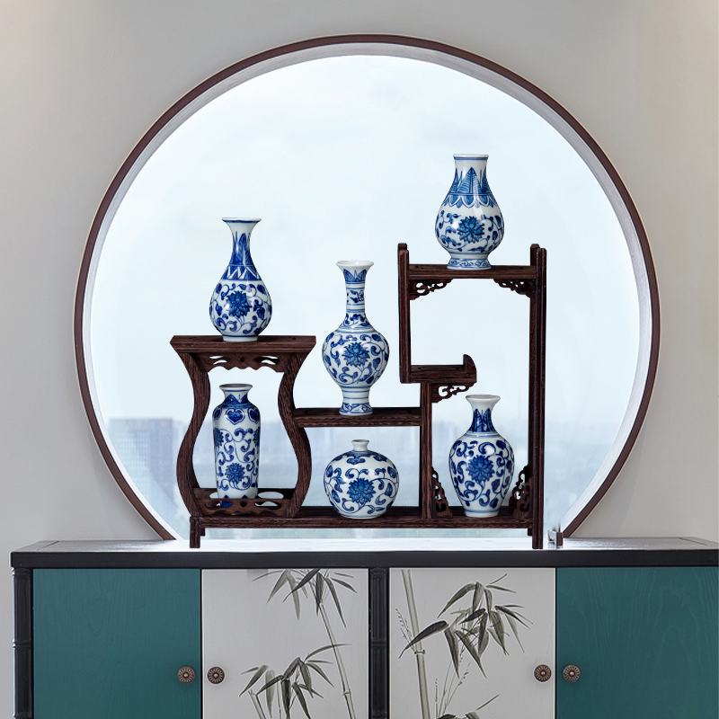 Jingdezhen ceramic mini small blue and white porcelain vase suit water raise flower arranging furnishing articles rich ancient frame tea table decorations