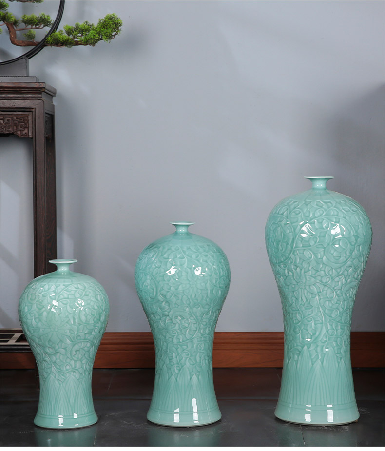 Jingdezhen ceramics craft blue glaze anaglyph large vase landed furnishing articles of new Chinese style home sitting room adornment