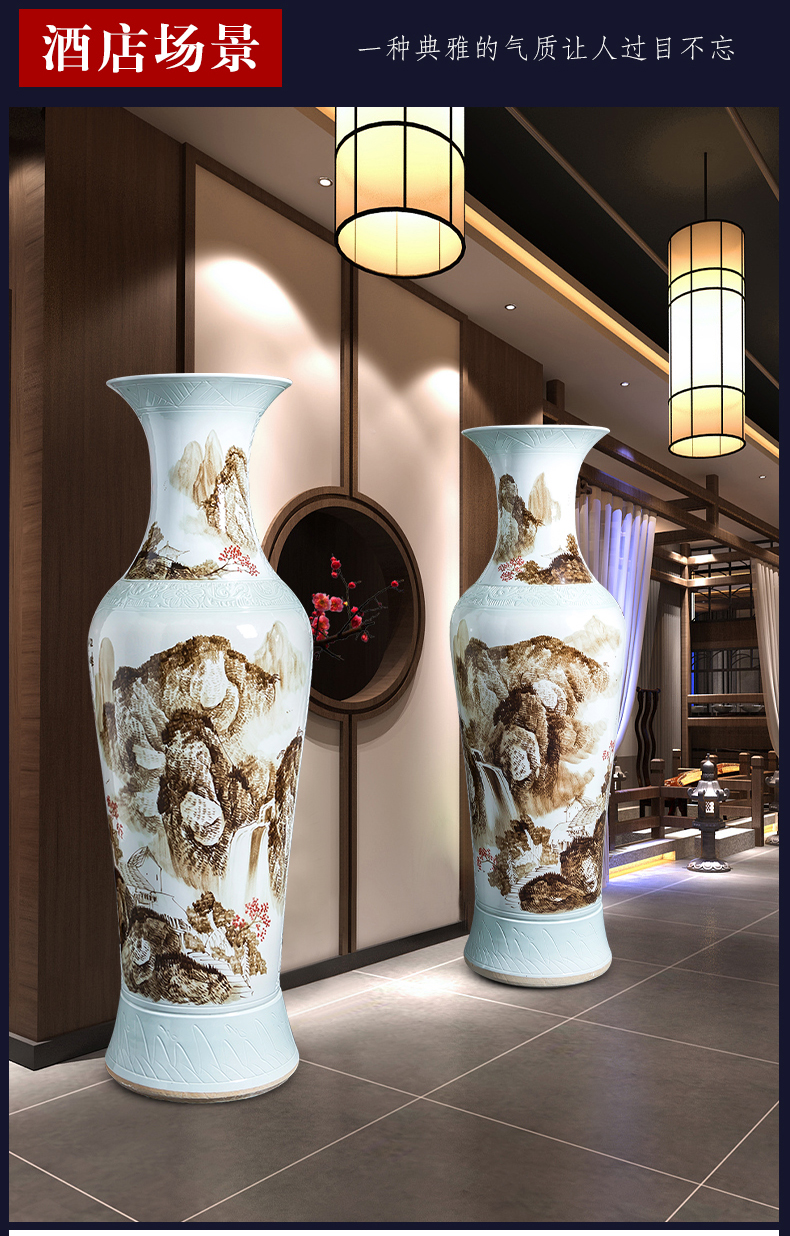 Jingdezhen ceramics hand - made large landscape floor vase sitting room hotel decoration of Chinese style household furnishing articles