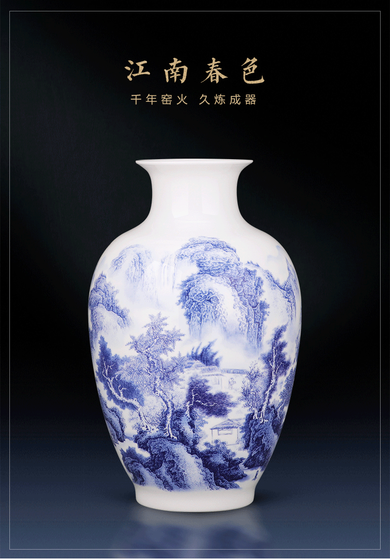 Jingdezhen porcelain ceramic landscape of blue and white porcelain vases, flower arranging place, Chinese style household living room TV cabinet decoration