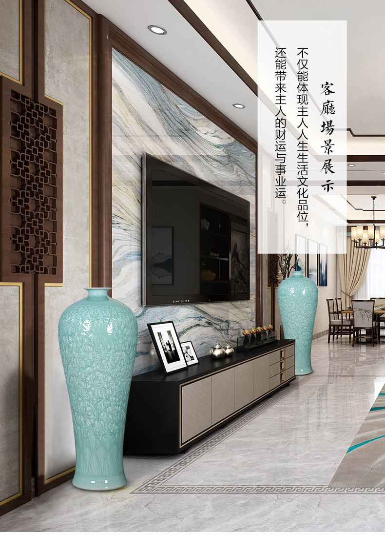 Jingdezhen ceramics craft blue glaze anaglyph large vase landed furnishing articles of new Chinese style home sitting room adornment