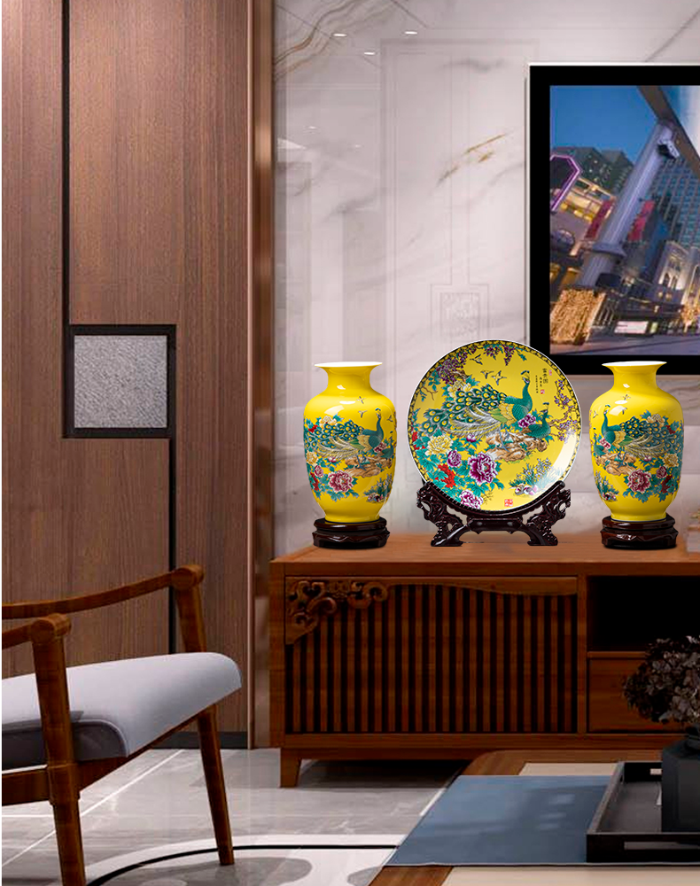 Jingdezhen porcelain ceramic three - piece insert peacock vase yellow for bottles of the sitting room of Chinese style household adornment furnishing articles