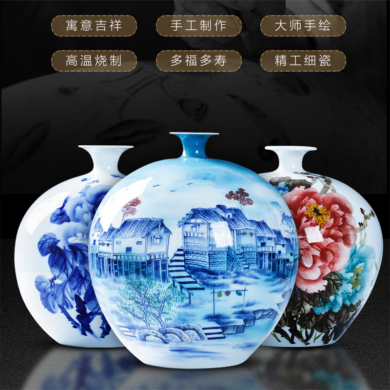 Jingdezhen porcelain furnishing articles ceramic hand - made Chinese blue and white porcelain vase household living room TV cabinet flower decorations