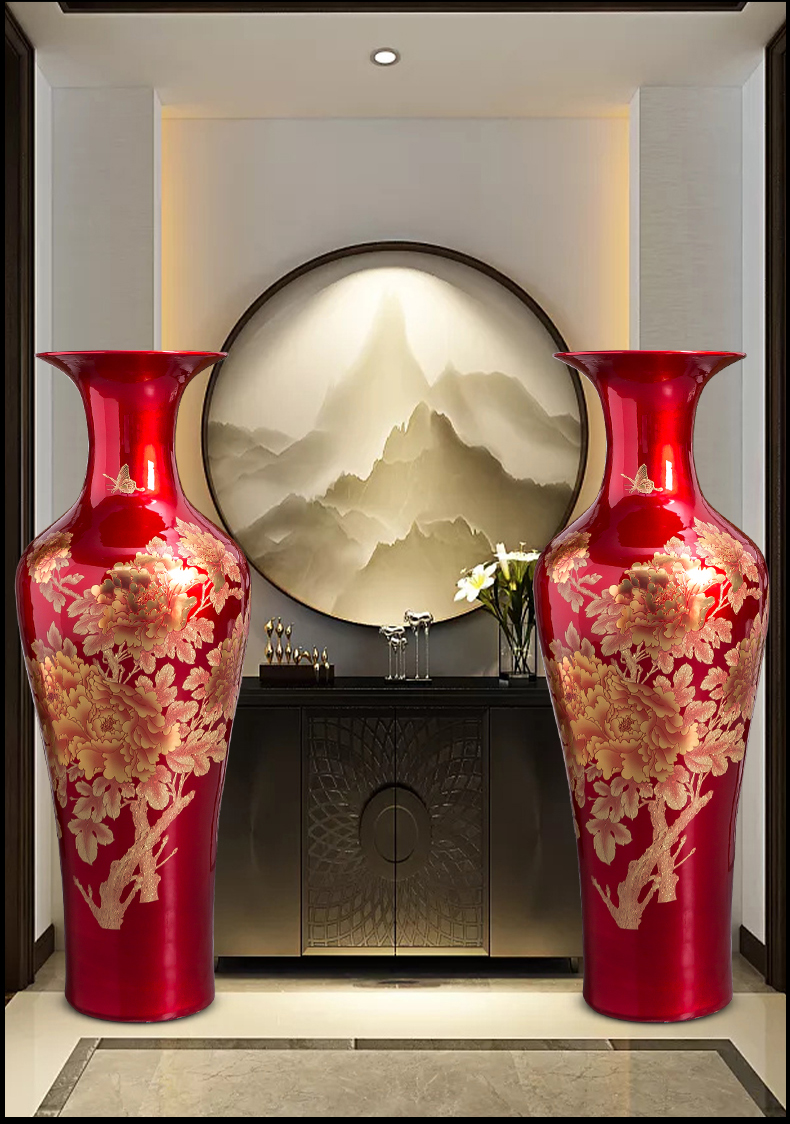 Jingdezhen porcelain ceramic Chinese red ground extra large vases, sitting room hotel decoration of Chinese style household furnishing articles