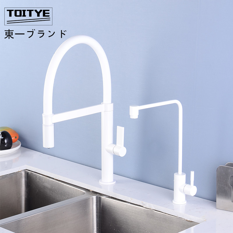 Japan Dongyi white hot and cold all-copper pull-out telescopic Japanese kitchen faucet sink wash basin household faucet