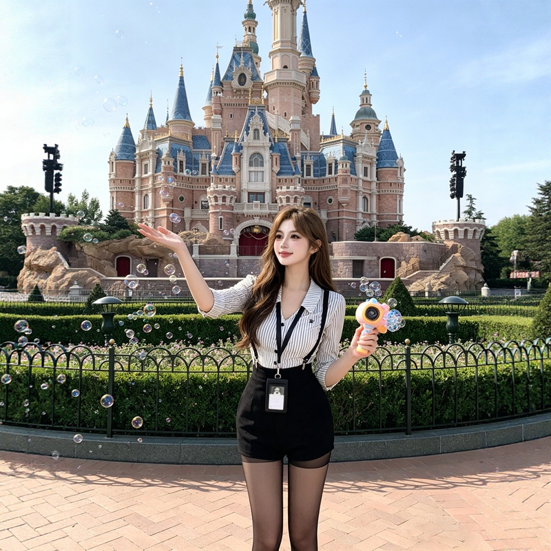 Universal Studios Disney Outfit American College Style Waist-Cinching Striped Shirt Overalls Uniform Set for Women Summer