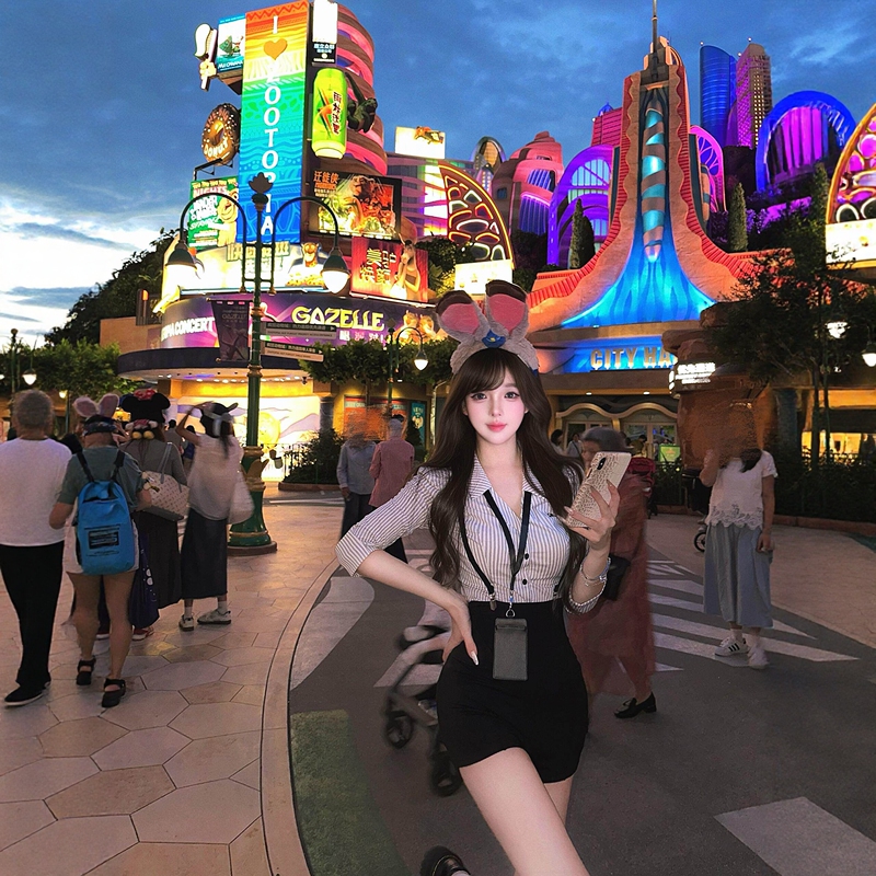 Disney Style Universal Studios American College Style Waist-Cinching Striped Shirt Overalls Uniform Set for Women Summer Disney Style Universal Studios American College Style Waist-Cinching Striped Shirt Overalls Uniform Set for Women Summer