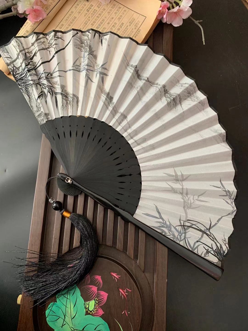 Chinoiserie 7 inch fan folding fan ancient style portable summer ancient Hanfu male and female head green bamboo ink painting process folding fan