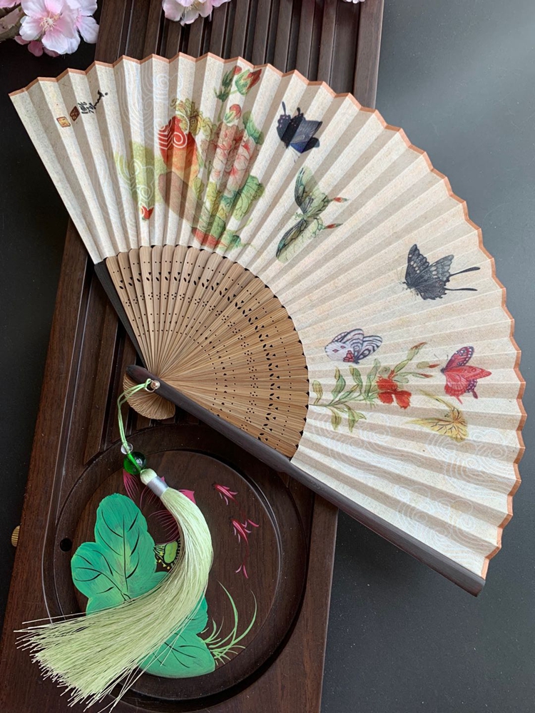 Retro Style Antique Color Ancient Scents Butterfly Kitty Fan daily fan Summer folding fan Hanfu Photography Bamboo Daughter