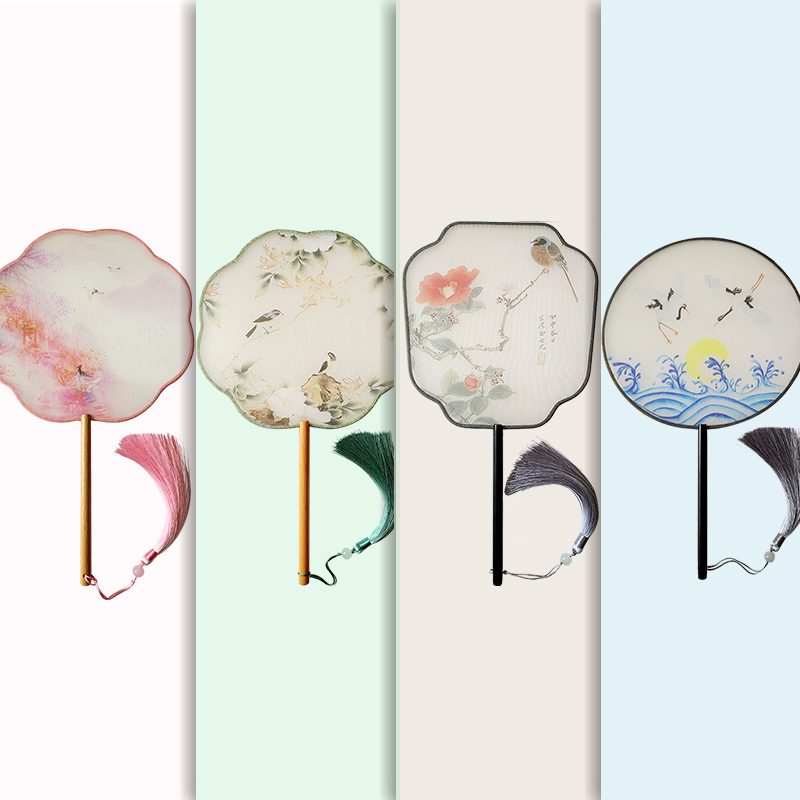 Ancient style group fan Chinese style dance classical hanfu accessories women's palace fan tassel double-sided round fan cheongsam summer