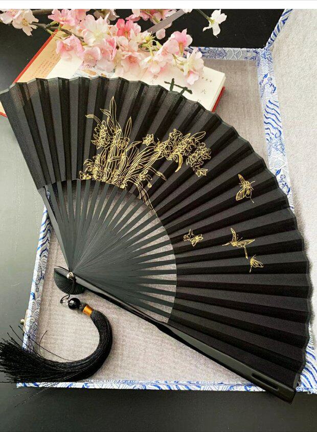Веер 中国风折扇子男生便携8寸复古风折叠古典古装汉服黑色绿色竹林大
