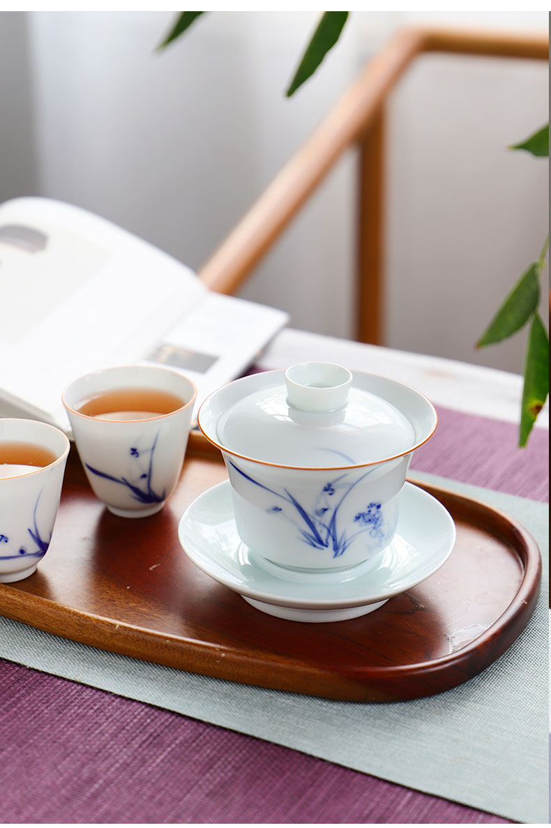 The Escape this hall jingdezhen blue and white orchid tureen hand - made teacup set three bowl of tea bowl set of kung fu tea set