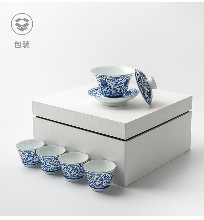 Jingdezhen escape this hall three tureen teacup only pure hand - made bound lotus flower blue and white porcelain tea set tea bowl of ceramics