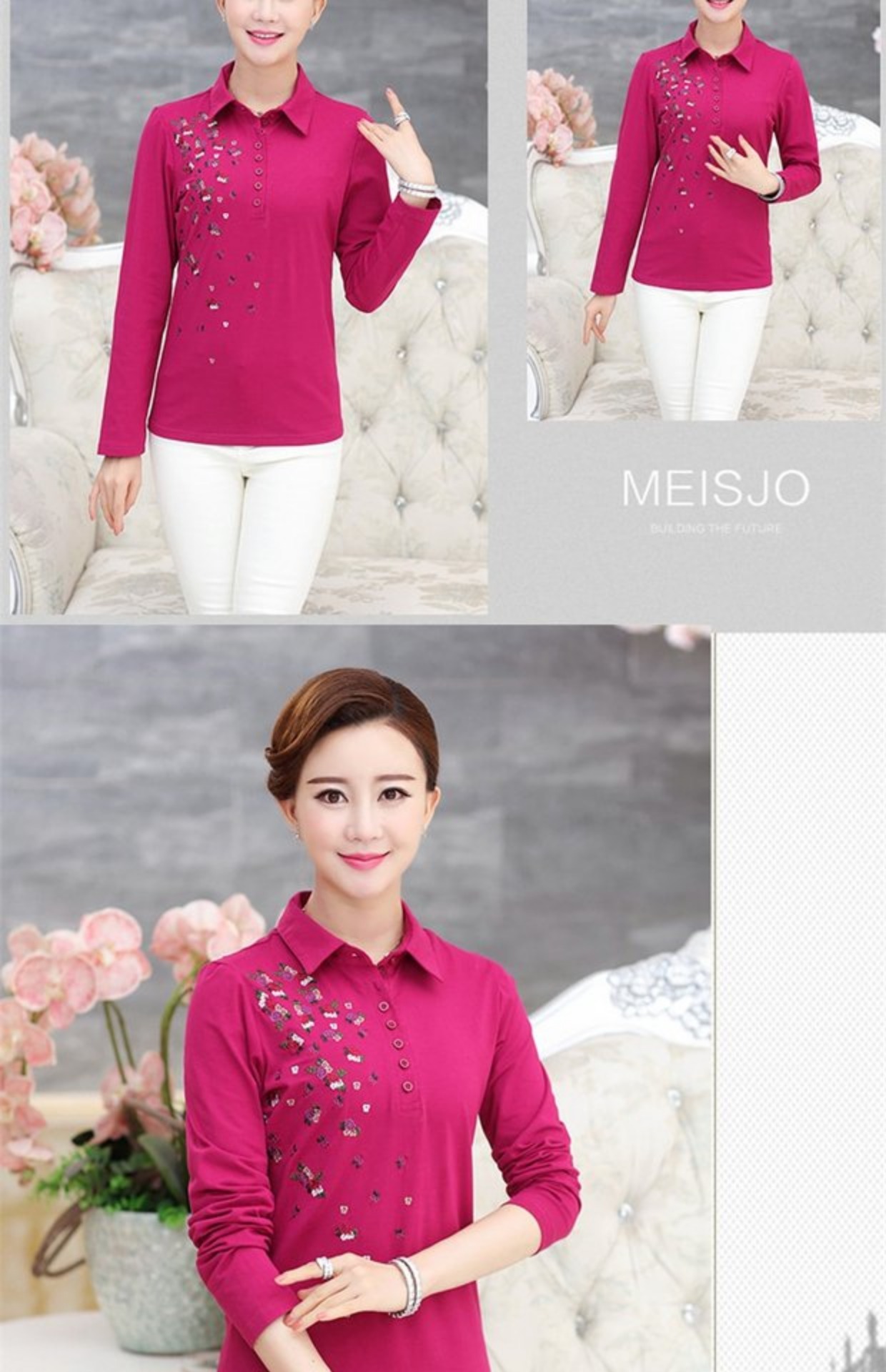Mùa xuân mới thêu áo thun cotton cho mẹ trung niên với áo sơ mi dài tay giản dị 40-50 tuổi váy đầm cho người 60 tuổi