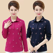 Mùa thu mới của phụ nữ trung niên áo thun cotton áo sơ mi giản dị 40-50 thêu mẹ với áo dài tay mỏng