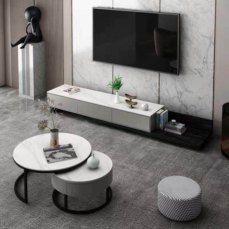 Nordic Telescopic Rock Plate TV Cabinet Tea Table Combination Living-room Small Family TV Cabinet Modern Minima Short Cabinet Ground Cabinet