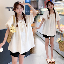 Gentle style fashionable maternity wear summer bow design puff sleeve babydoll age-reducing loose belly-covering top