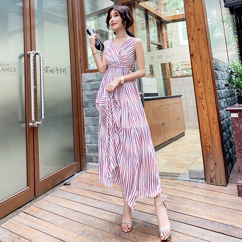 Phong cách mới mùa hè năm 2021 phong cách người nổi tiếng, phối màu thời trang sọc cổ chữ V, váy mỏng, lưng cao, váy dài - Váy eo cao