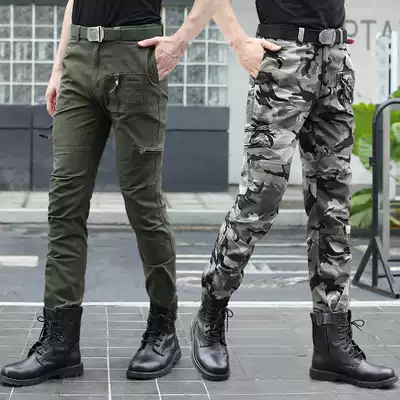 Outdoor sports camouflage casual pants men's elastic slim straight tube multi-pocket military green overalls mountaineering tactical pants