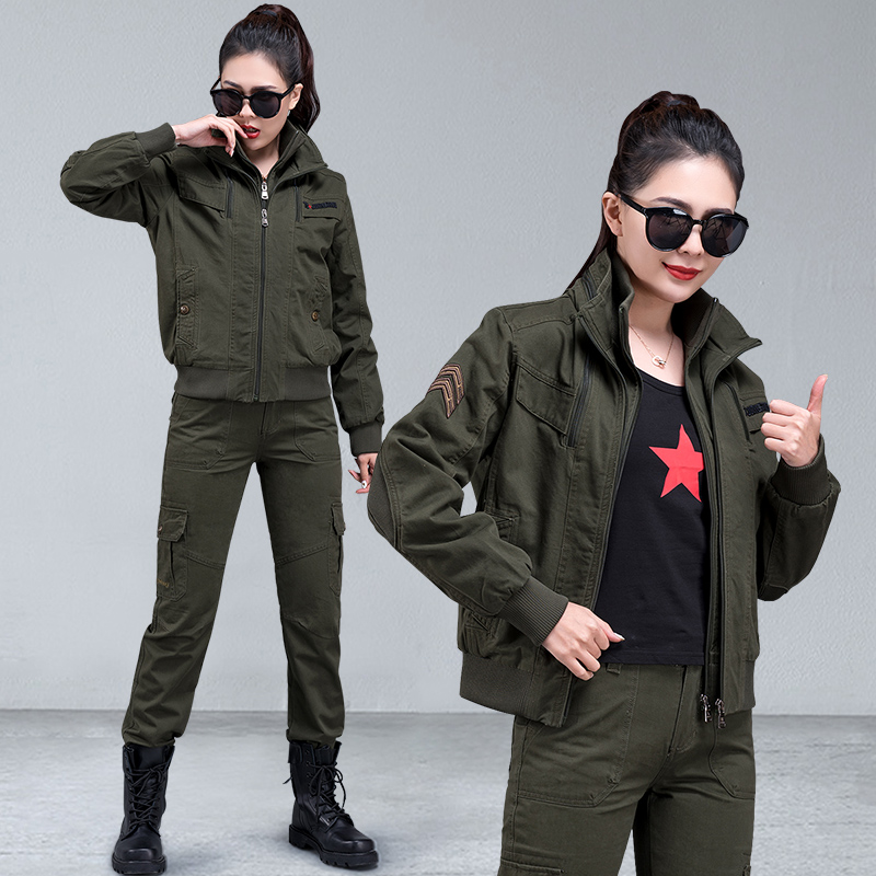 Spring and autumn outdoor sports sailor dance costume female army fan jacket set pure cotton thin fashion army green overalls