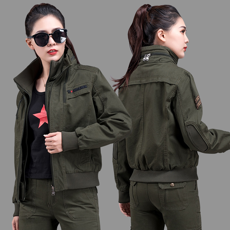 Army green cotton military fan women's jacket spring and autumn outdoor leisure sports women's top fashion trend cargo coat