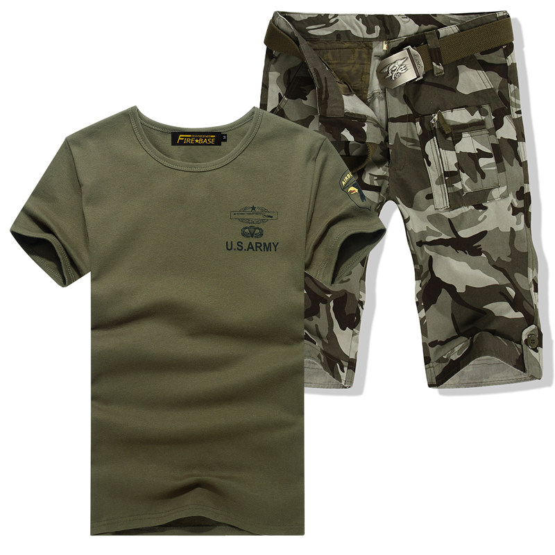 Outdoor sports army fans short-sleeved T-shirt suit men's summer army green cotton leisure sports suit send belt