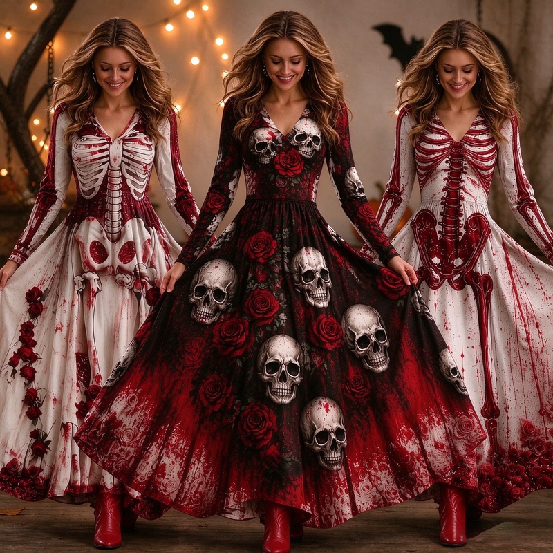 Halloween Long-Sleeved Skeleton Dress with Rose, Pumpkin, Ghost, Witch, and Horror-Themed Patterns for a Party, with a Large Train