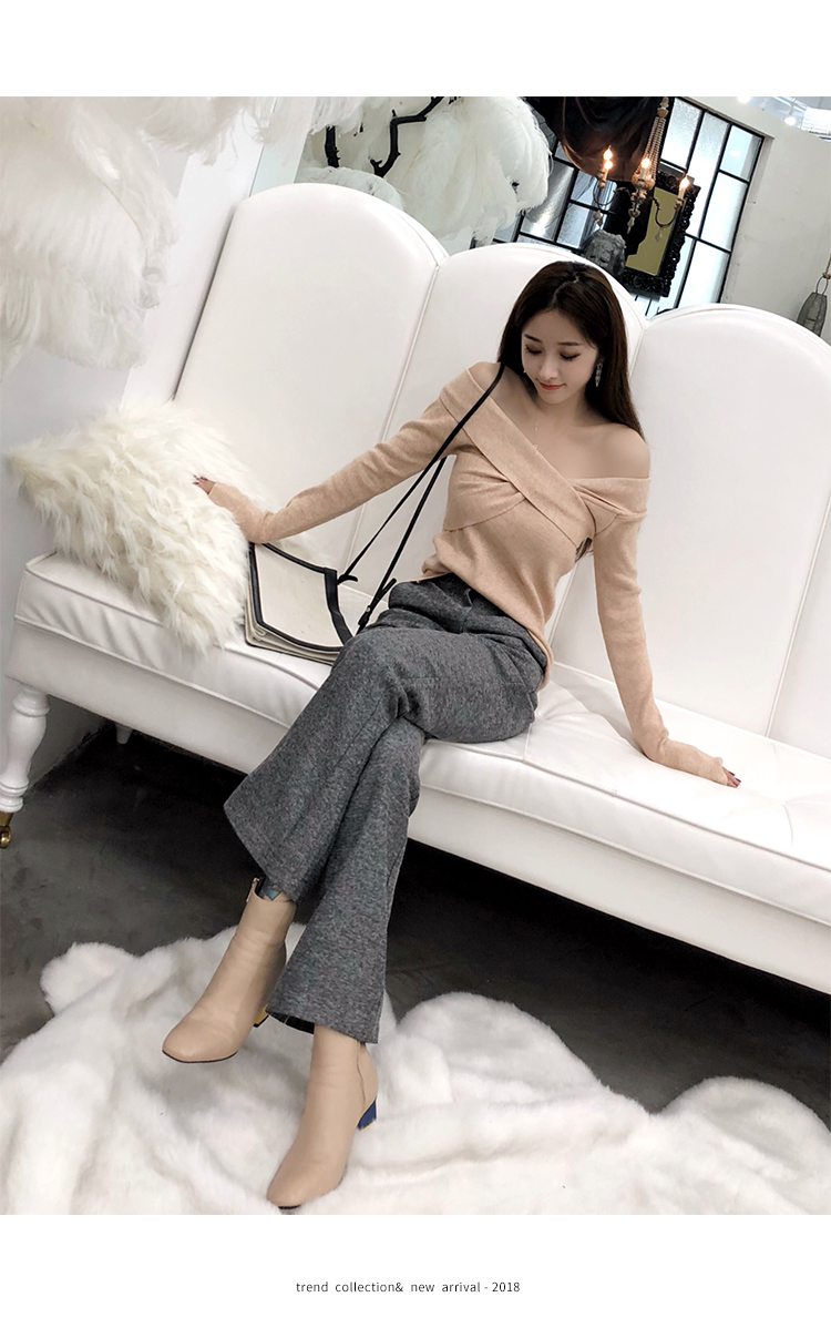 Jin em trai JG V cổ áo rò rỉ áo len nữ 2018 mùa thu mới bộ áo len dài tay cơ bản áo len rộng áo len nữ cổ v