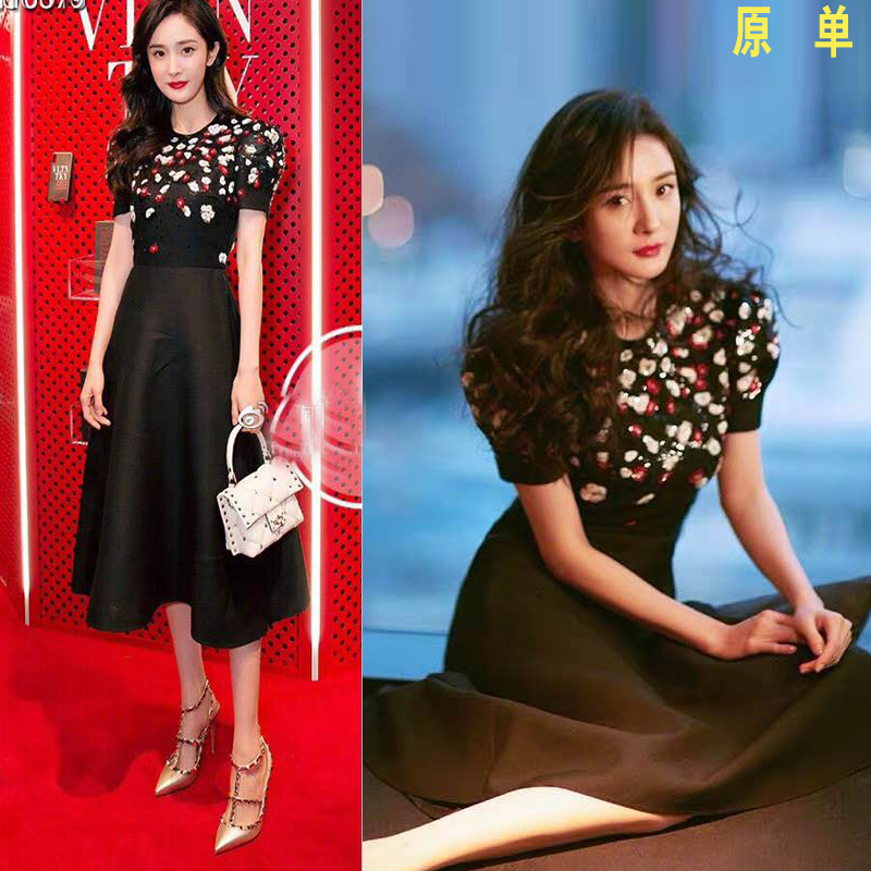 2022 Yang Mi star with the same sequin dress skirt slim mid-length version big black temperament small dress dress