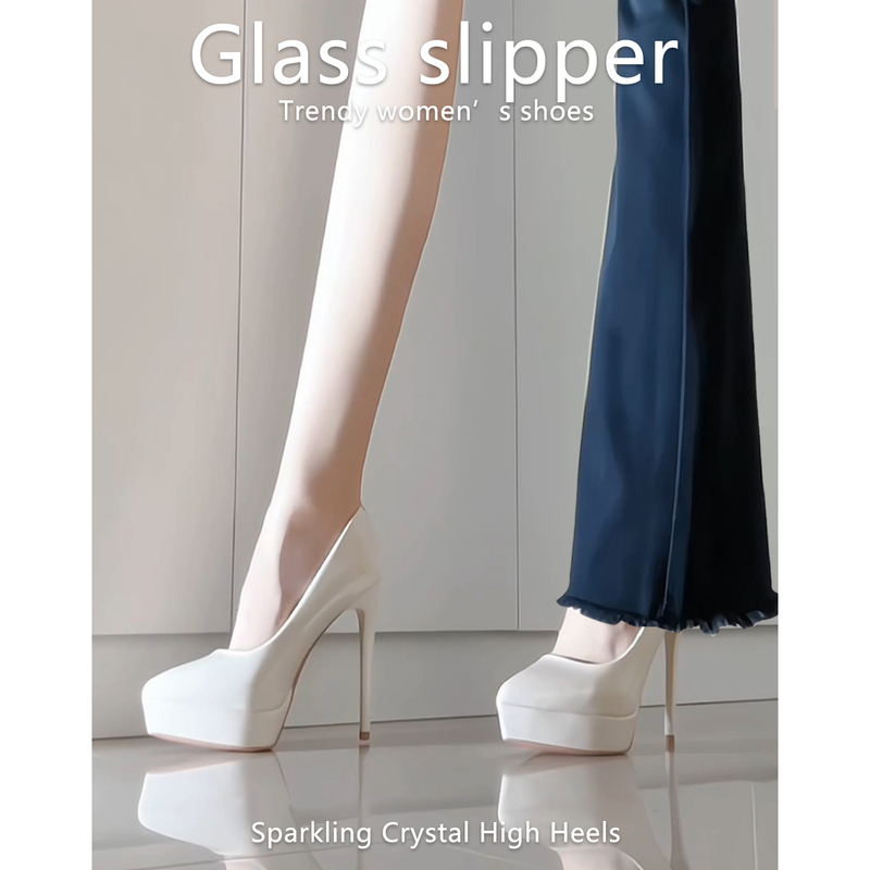 10cm Off-White Platform Sexy Catwalk Waterproof Pointed Toe Nude Shoes for Women New Style 12cm Stiletto Ultra-High Heels