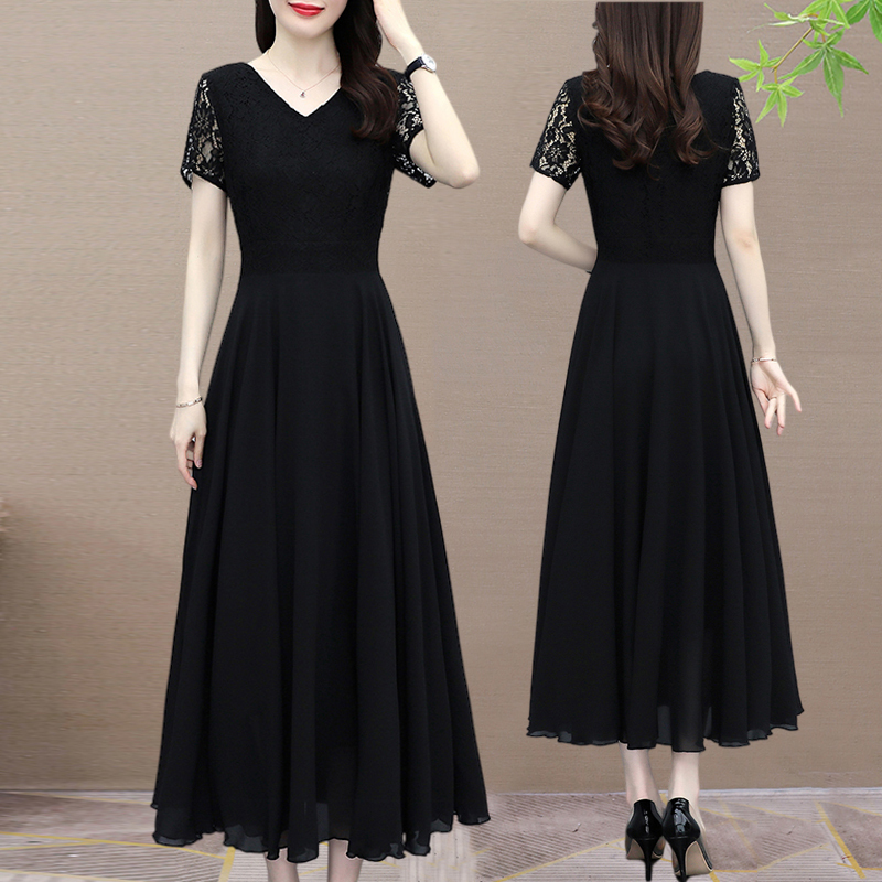 Black Lace Chiffon Dress for Women, Summer 2025 New Style, Luxurious and High-End, Elegant and Stylish Long Dress for Middle-Aged Mothers