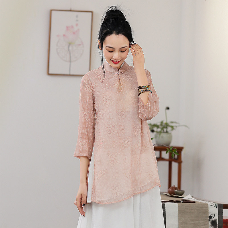 Improved tea suit Chinese wind women dress Tang Fashion Summer Sengas retro Chinese style qipao blouses Republic of China Wind fashion 650