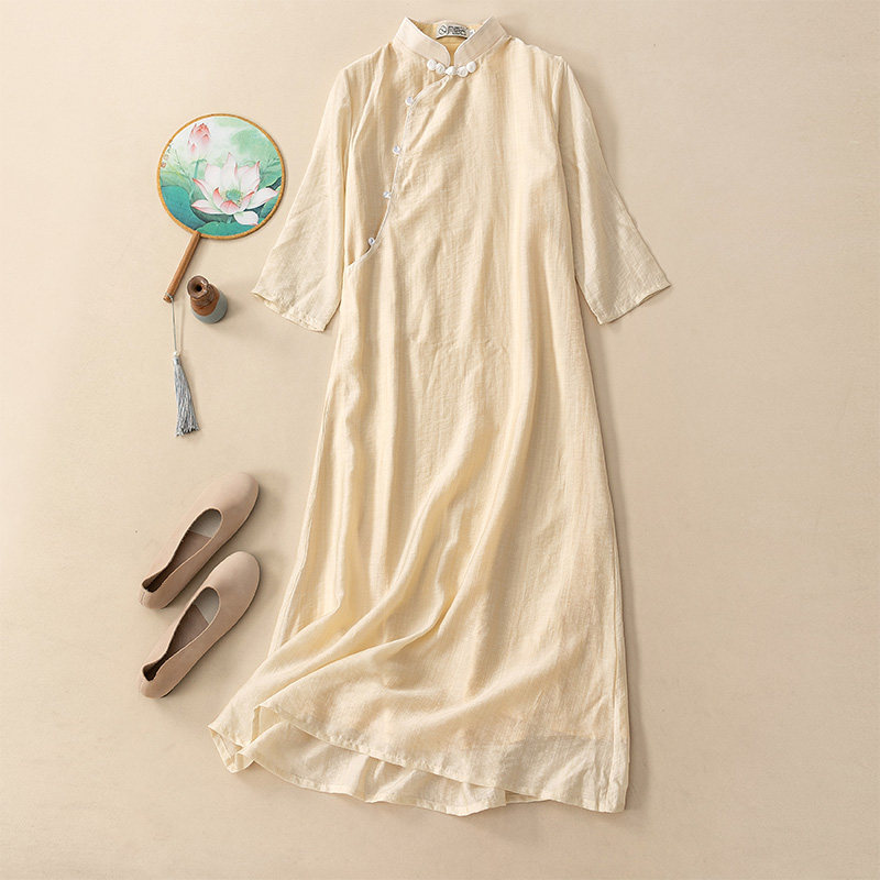 Improved retro literary dress plain and elegant long version of cheongsam daily young style 2022 new Chinese style 753