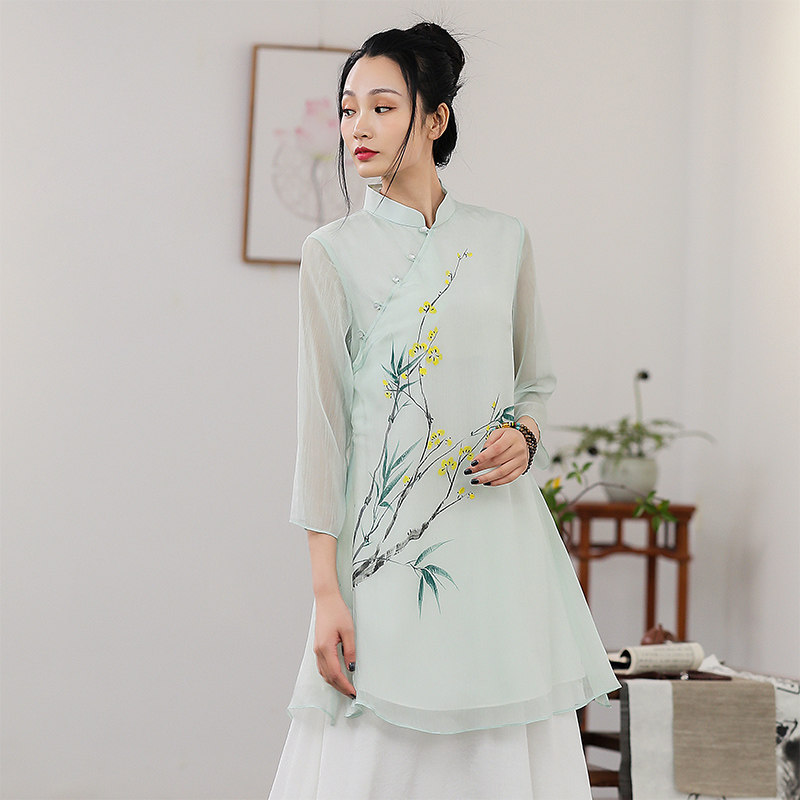 Chinese style summer fairy women's Zen improved tea suit Tang suit Republic of China style retro Chinese cheongsam top 664