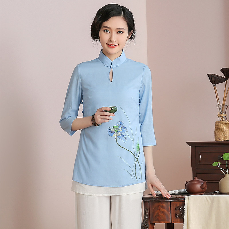 Tang Loaded China Wind Women's Dress Cotton Linen Chinese Qipao Blouse Jacket Improved Version Tea Art Clothing Zen Dress Disc Buckle Summer 536