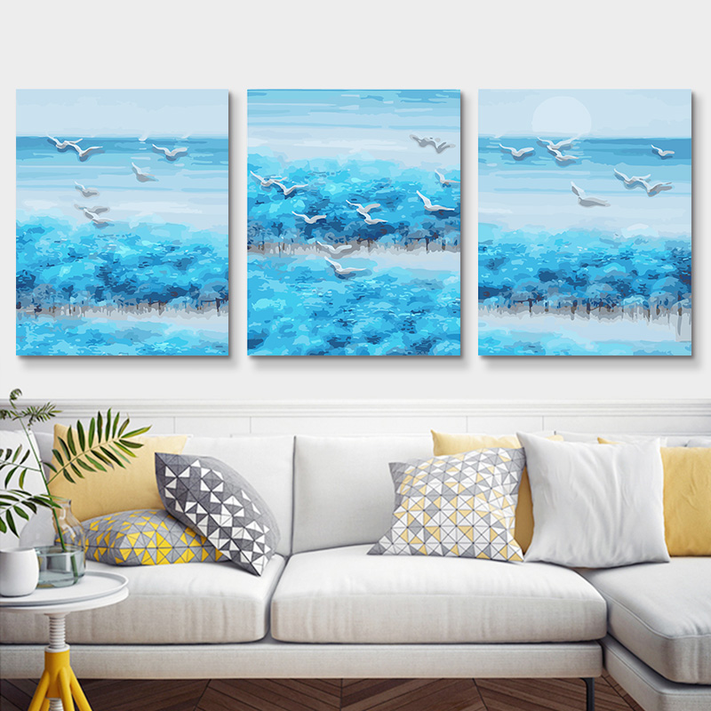 Thickened solid wood inner frame diy digital oil painting bedroom three-piece three-piece decorative painting hand-filled painting flying to the distance