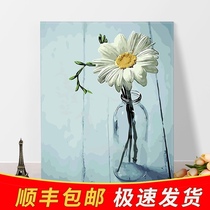 Add thick wood frame diy digital oil painting Plant flowers decompression manual filling painting Simple coloring painting Mural