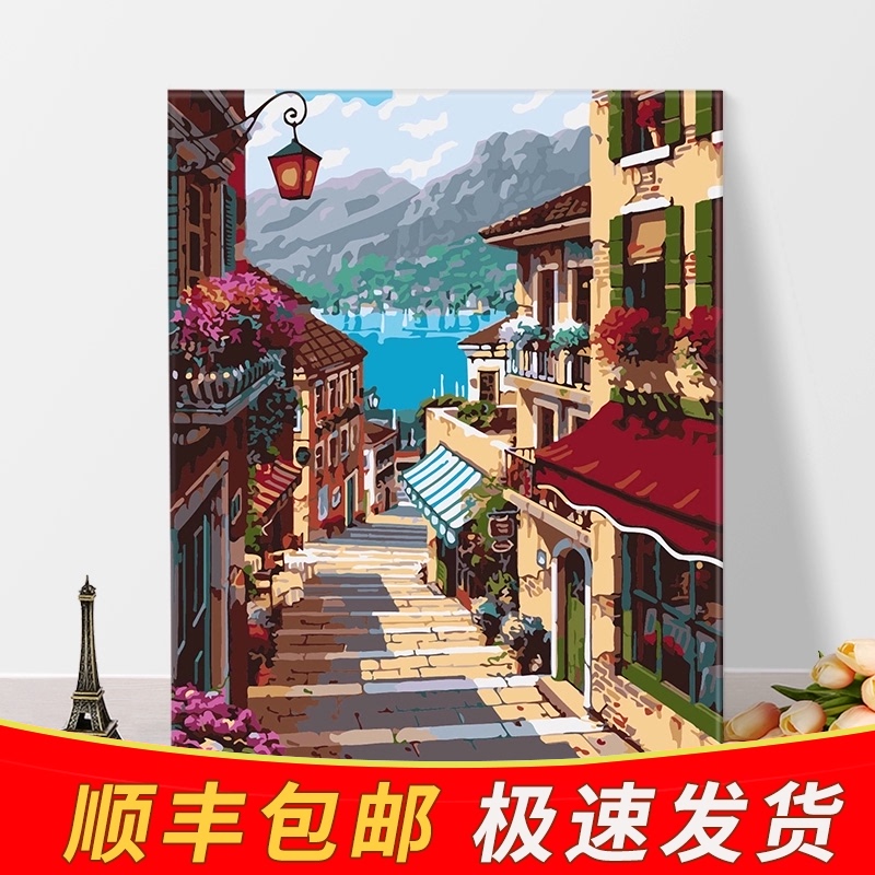 Add thick wood diy digital oil painting Living room bedroom flower hand-painted coloring oil painting Large decorative painting mural