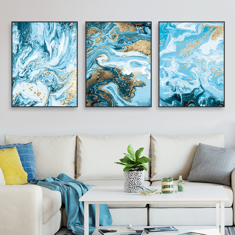 diy digital oil painting living room scenery triptych three-piece large-scale hand-painted coloring oil painting decorative painting blue sea